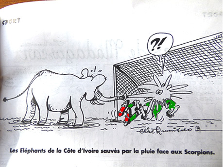 CAN Coupe d Afrique des Nations
Les Eléphants de la Côte d Ivoire
face aux Scorpions de Madagascar ;-) foot, caricature d Elise Ranarivelo, les SCORPIONS de Madagascar face aux ELEPHANTS de la Cote d Ivoire