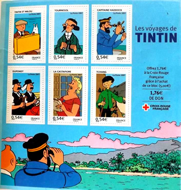 Tintin et Milou de Hergé, Hergé les aventures de Tintin, professeur Tryphon Tournesol, Capitaine Haddock, Dupont et Dupond, Castafiore, Tchang, des timbres de Tintin et Milou